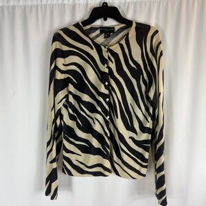 August Silk Women's M 100% Silk Zebra Print Blouse Button Down Top Tan Black